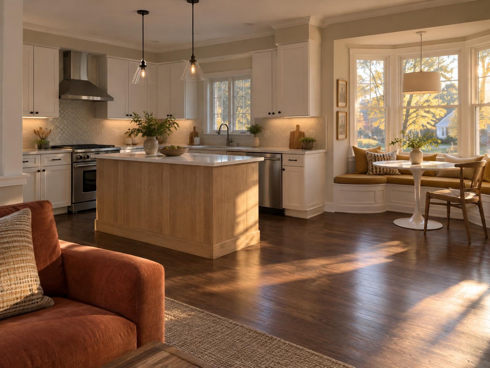 Illustration of a remodeled kitchen in a 1980s Fairfax County colonial, with white shaker cabinets, an island where a peninsula used to be, a gas range under a stainless hood and a breakfast table in a bay-window nook.