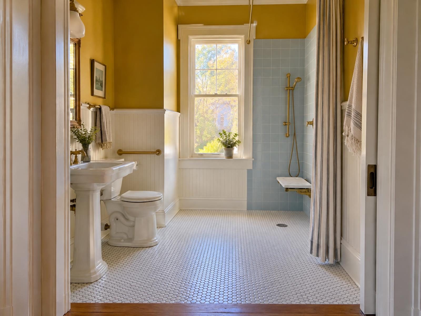 Illustration of a second-floor bathroom in a 1910s house in Richmond's Woodland Heights remodeled for accessibility, with a curbless tiled shower where the old tub stood, a fold-down seat, a grab bar beside the toilet and a widened pocket door to the hall.