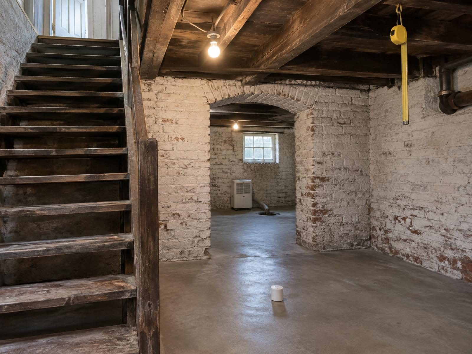 Illustration of a cellar under an early 1900s brick house in Richmond's Northside being readied for finishing, with whitewashed brick walls, a radon test kit on the floor, a dehumidifier running and a steep wooden stair down from the kitchen.
