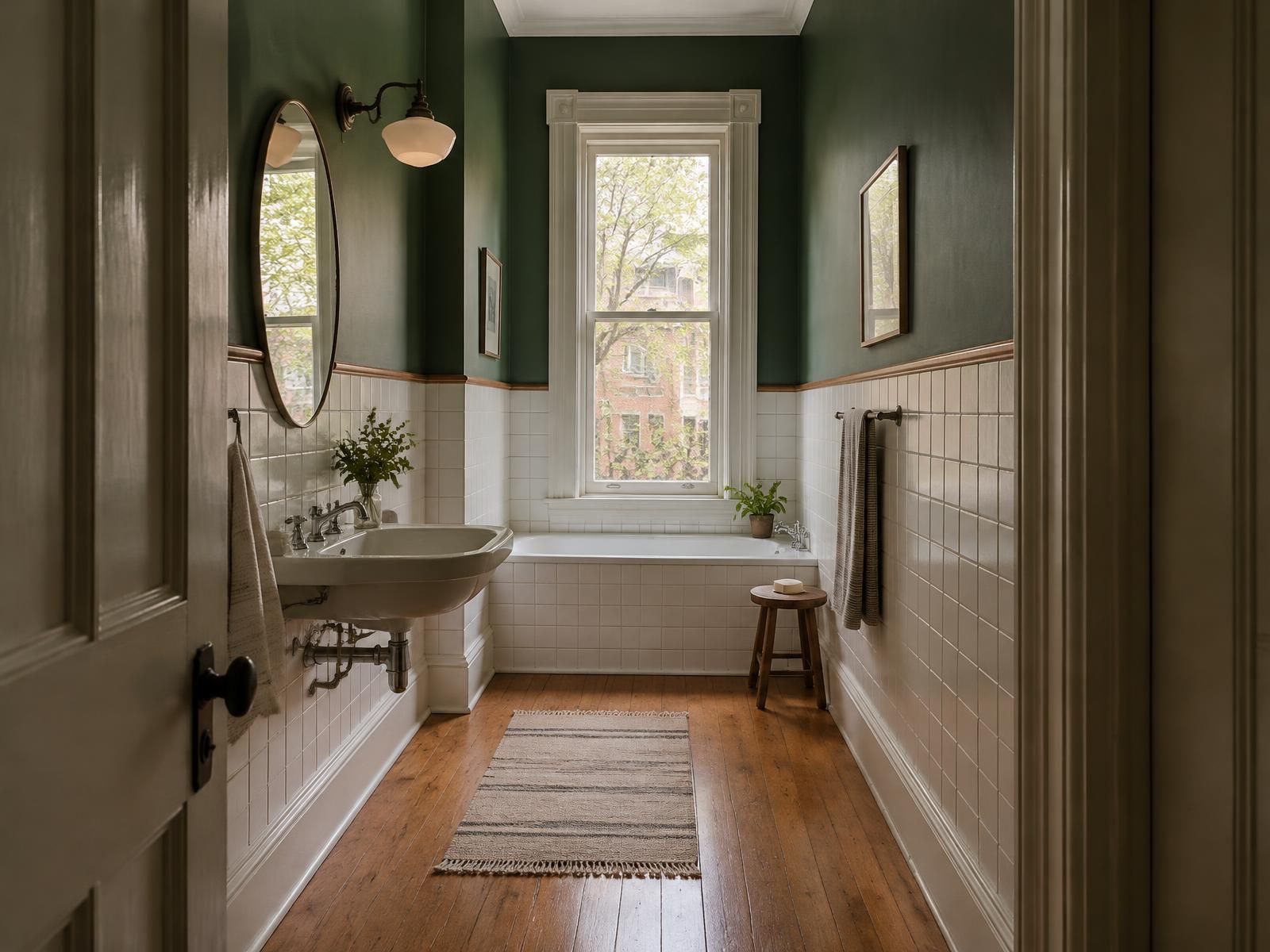 Illustration of a renovated bathroom in an early 1900s Richmond rowhouse: a narrow room with a tall ceiling, white tile, and a tall window over the tub at the far end.