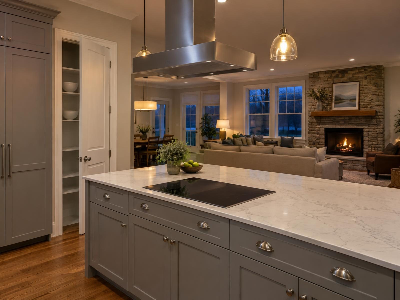 Illustration of a kitchen in a 2000s Chesterfield County two-story after a remodel, open to the family room, with gray painted shaker cabinets replacing oak, a center island holding an induction cooktop under a ceiling hood, and a fireplace in the room beyond.