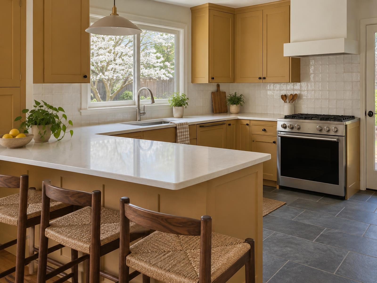 Illustration of a remodeled kitchen in a 1960s Henrico County brick ranch, with the wall to the dining room opened into a peninsula, painted cabinets, and a gas range on the outside wall under a hood ducted through the brick.