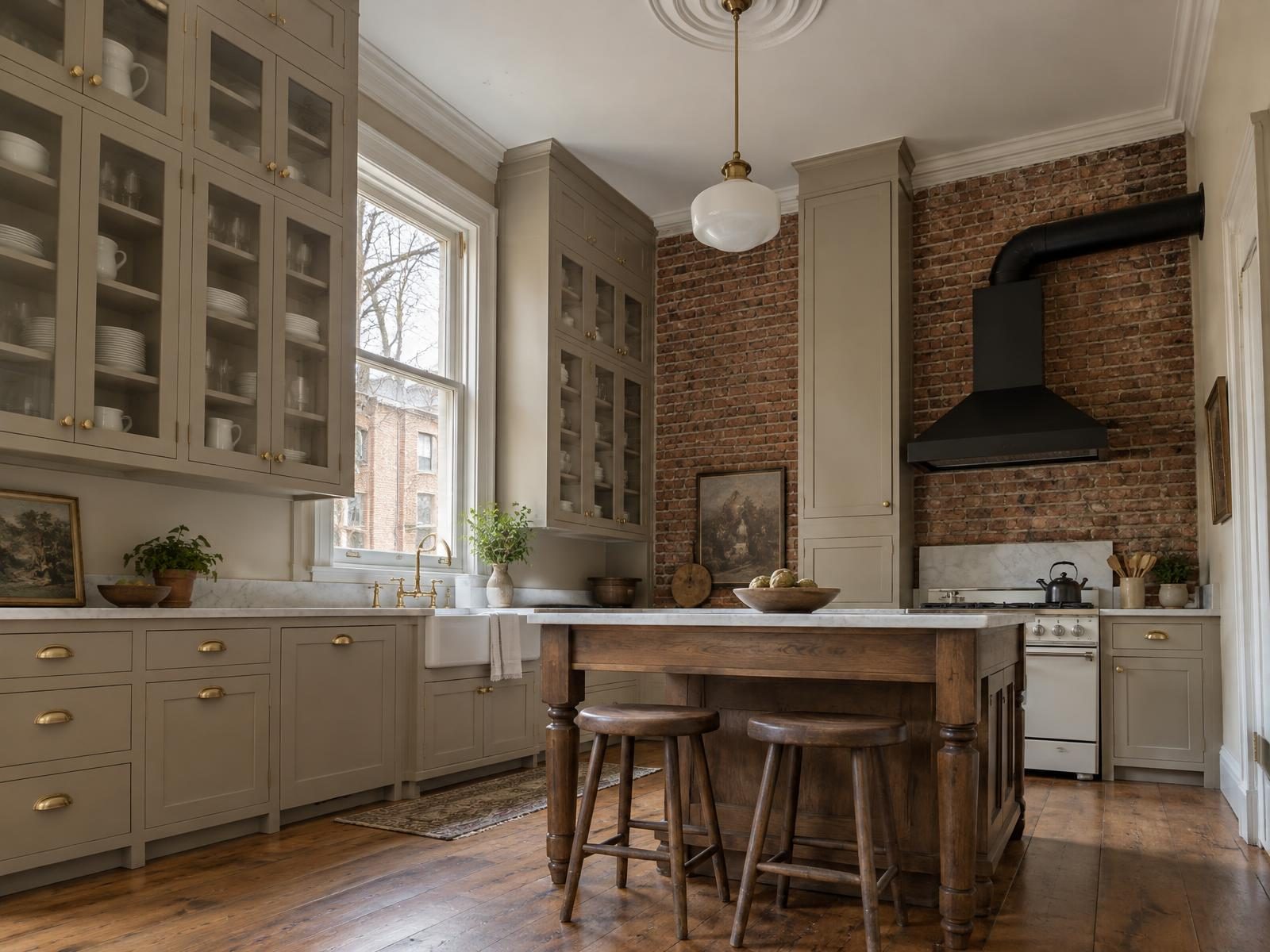 Illustration of a remodeled kitchen at the back of an early 1900s Richmond brick town house, with painted cabinets rising toward a high plaster ceiling, a tall window over the sink and a range hood vented out through the rear brick wall.