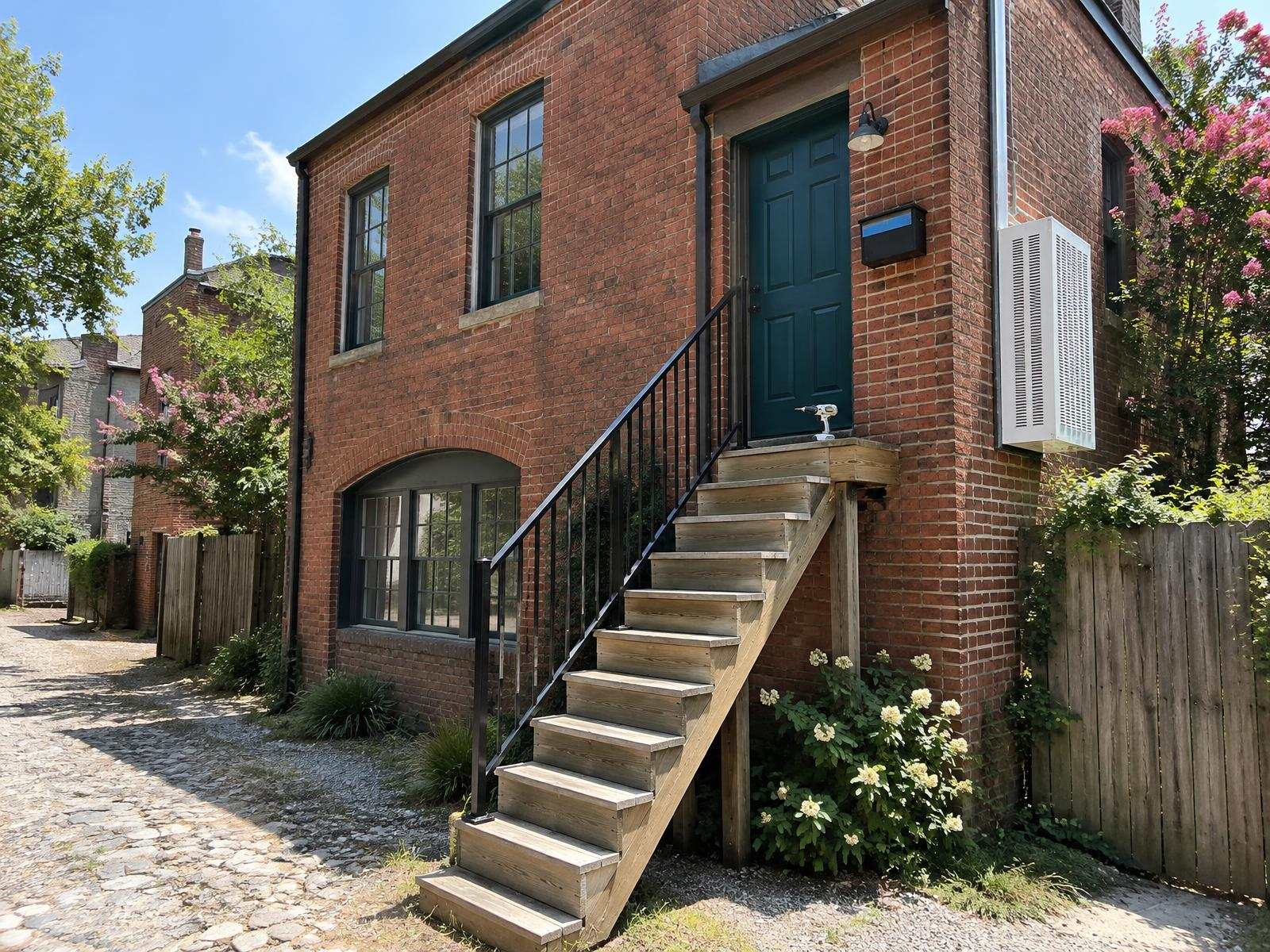 Illustration of a two-story brick carriage house on a rear alley behind a Richmond rowhouse, converted into an apartment with its own door and stair facing the alley and a mailbox being mounted beside the entry.