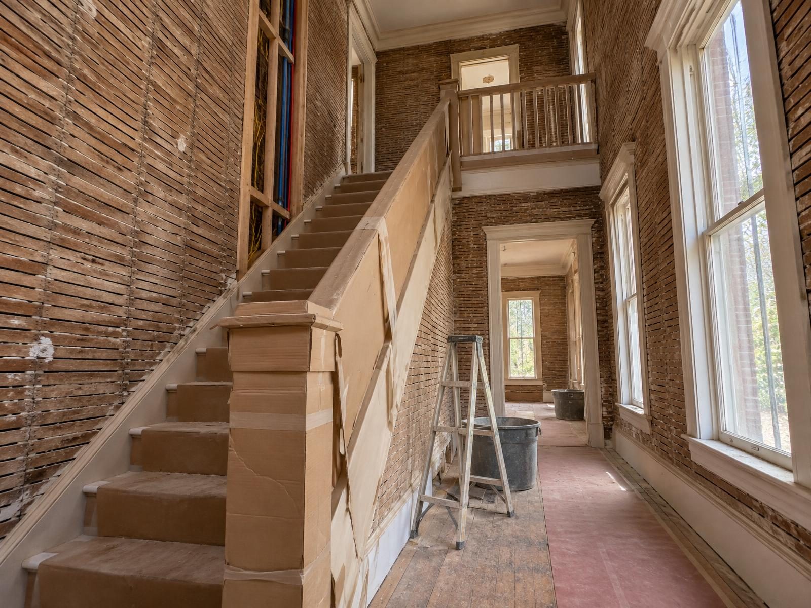 Illustration of a Richmond Fan District brick rowhouse in the middle of a gut renovation, with plaster stripped to the lath on two floors, the original stair wrapped in protective board, and new wiring and water lines running up through the open walls.
