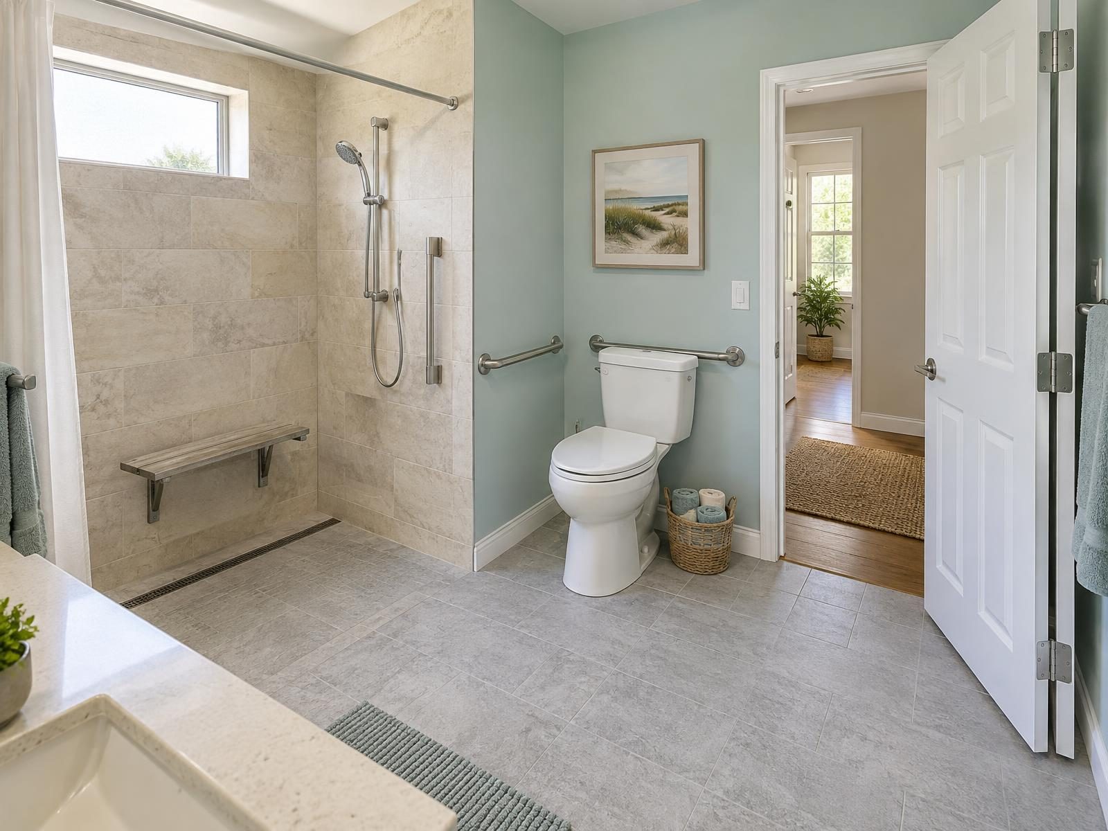 Illustration of the hall bathroom in a 1970s single-story brick ranch in Virginia Beach after an accessibility remodel, with a curbless roll-in shower where the tub was, a fold-down bench, grab bars and a wider doorway.