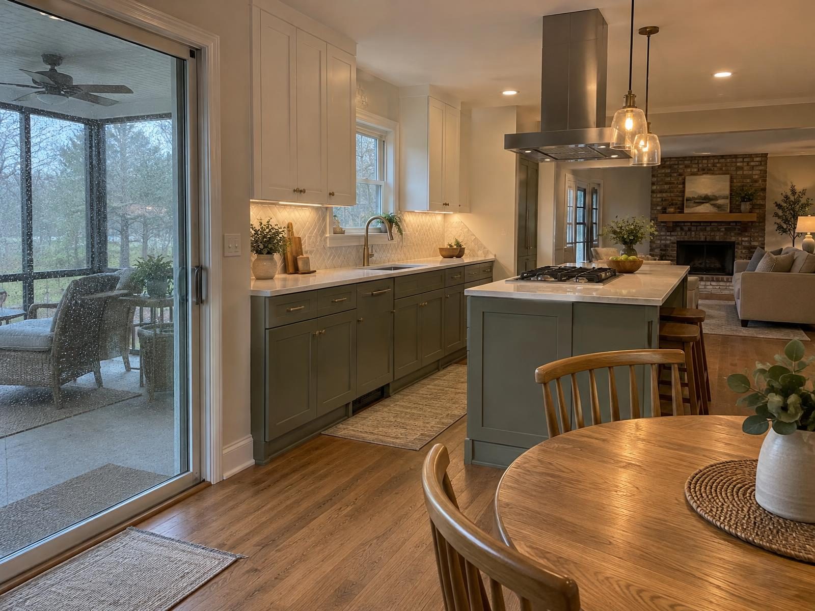 Illustration of a remodeled kitchen open to the family room in a 1990s Chesapeake two-story, with a gas cooktop in the island and gray-green lower cabinets.