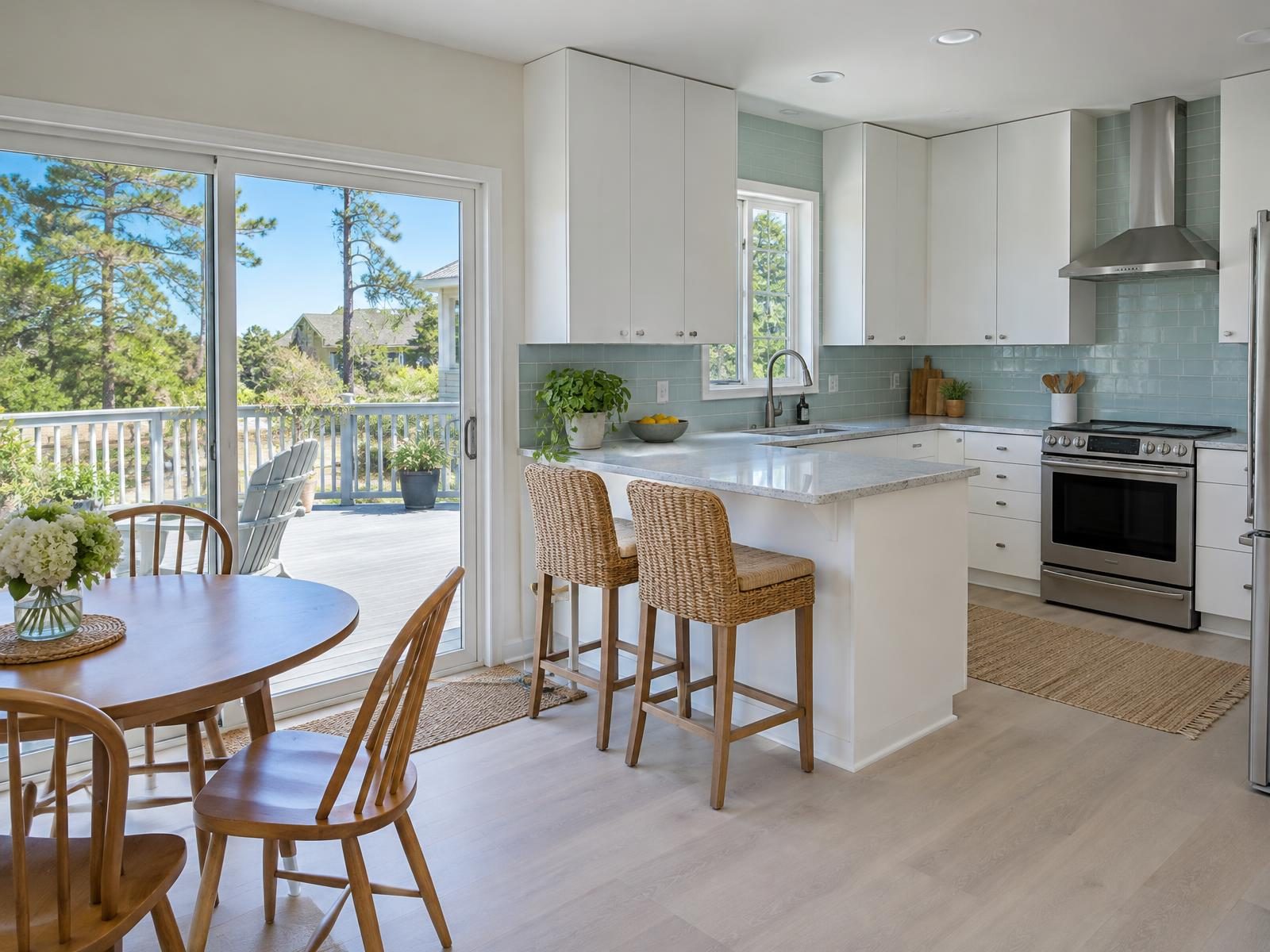 Illustration of a remodeled eat-in kitchen in a 1980s Virginia Beach two-story, with white cabinets running to the ceiling where soffits used to be, a peninsula with stools and a sliding glass door out to the back deck.