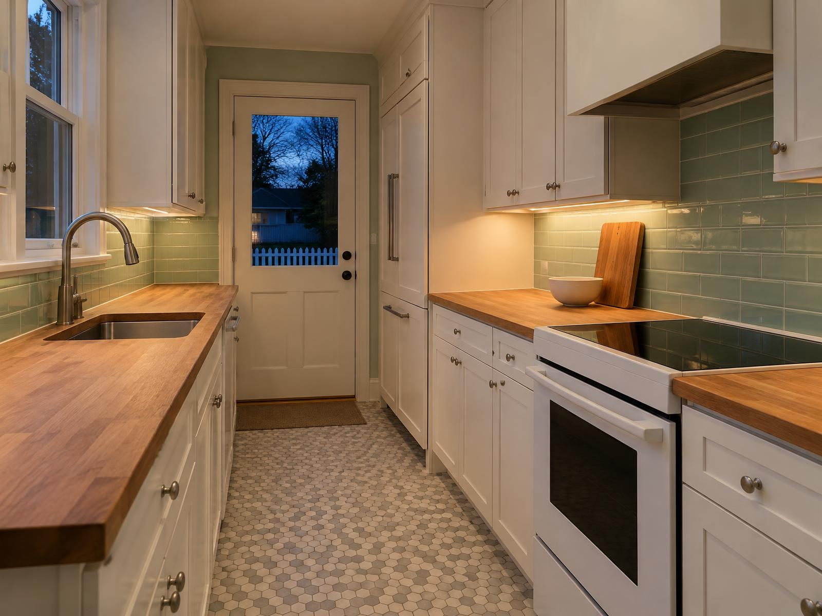 Illustration of a remodeled galley kitchen in a 1950s Norfolk brick Cape Cod, with white cabinets on both walls, butcher-block counters and a hex tile floor.