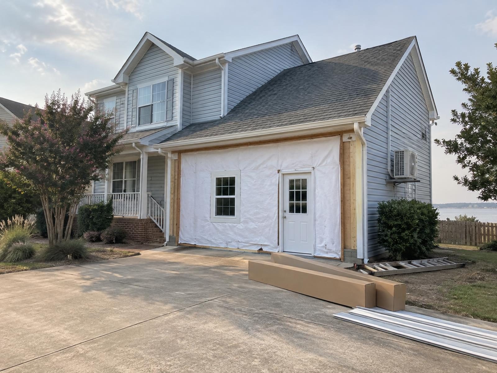 Illustration of the attached two-car garage of a 1990s Virginia Beach two-story being converted into living space, with the garage door opening framed in around a new window and entry door and a mini-split unit on the side wall.